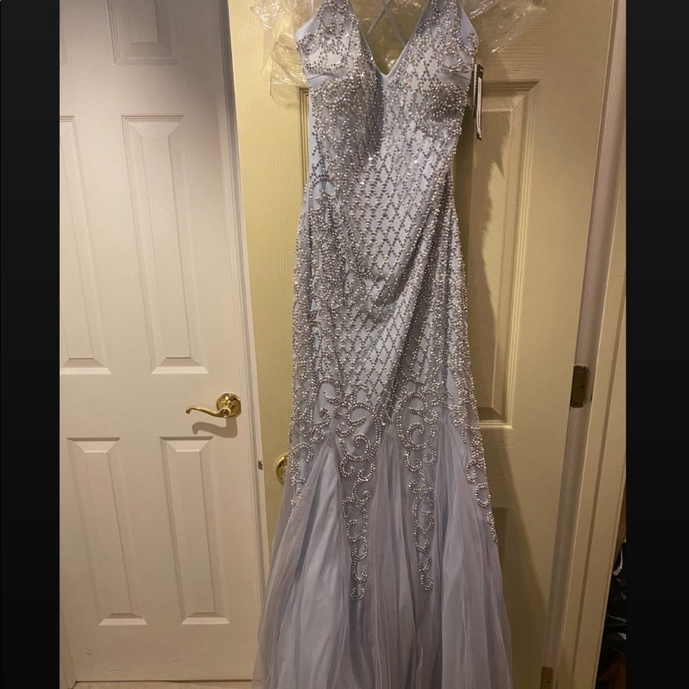 X scape blue pearl beaded prom dress